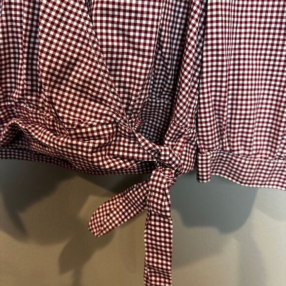 Madewell Maroon and White Checkered Wrap Blouse Large - Picture 3 of 7